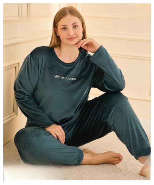 Kadın Kışlık Bisiklet Yaka Kadife Battal Pijama Takımı 132214P - 1 Adet