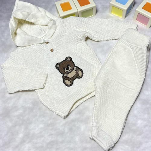 KAPÜŞONLU AYI NAKIŞLI TRİKO ALT ÜST TAKIM - ANG1010-Ekru-3 - 6 Ay Ekru