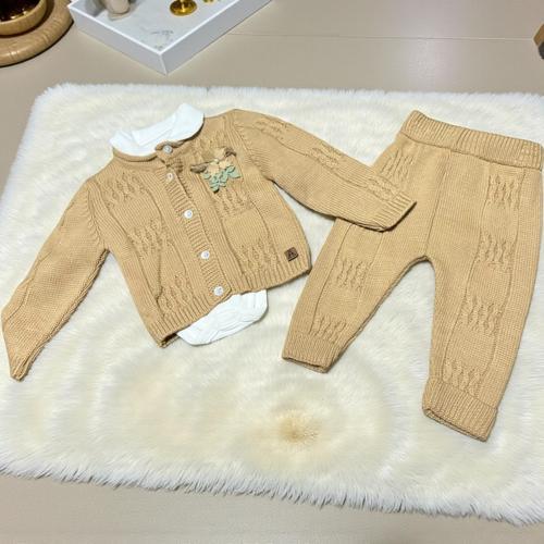 BEBE YAKA BODYLİ ÇİÇEK AKSESUARLI TRİKO ÜÇLÜ ALT TAKIM - ANG1515-Camel-9 - 12 Ay Camel