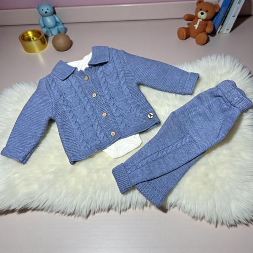 BİSİKLET YAKA BODYLİ ÖRGÜ DETAYLI TRİKO ÜÇLÜ ALT ÜST TAKIM - ANG1613-İndigo-3 - 6 Ay İndigo