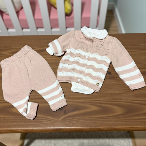 BEBE YAKA BODYLİ ÇİZGİLİ TRİKO ÜÇLÜ ALT ÜST TAKIM - ANG2828-Somon-3 - 6 Ay Somon