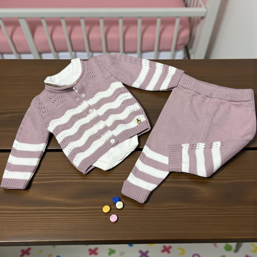 BEBE YAKA BODYLİ ÇİZGİLİ TRİKO ÜÇLÜ ALT ÜST TAKIM - ANG2828-Lila-3 - 6 Ay Lila