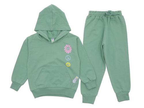 KAPÜŞONLU CEPLİ ÇİÇEK BASKILI İKİ İPLİK ALT ÜST TAKIM - BYM7772-Mint Yeşili-5 Yaş Mint Yeşili