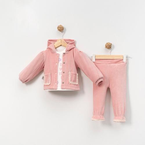 KAPÜŞONLU FİSTO DETAYLI KADİFE ÜÇLÜ ALT ÜST TAKIM - KS-25015-Pudra-18 Ay Pudra