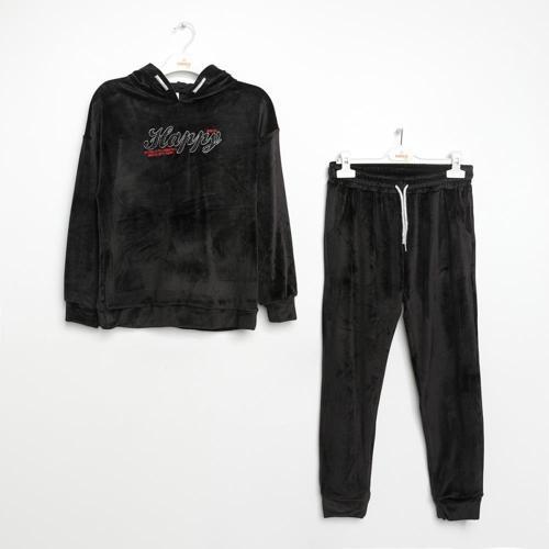 YAZILI KAPÜŞONLU KADİFE EŞOFMAN TAKIM Siyah