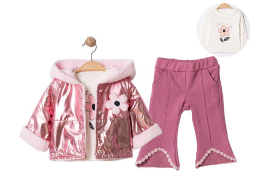 LAME MONTLU KAPÜŞONU DETAYLI İKİ İPLİK ÜÇLÜ ALT ÜST TAKIM - SDL6057-Pembe-6 Ay Pembe