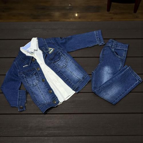 GÖMLEKLİ DENIM ÜÇLÜ ALT ÜST TAKIM - SM003-Lacivert-3 Yaş LACİVERT