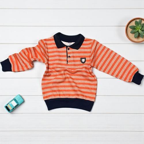 YAKALI ÇİZGİLİ İKİ İPLİK ÖRME SWEATSHIRT  - YKT001-Oranj-3 Yaş Oranj
