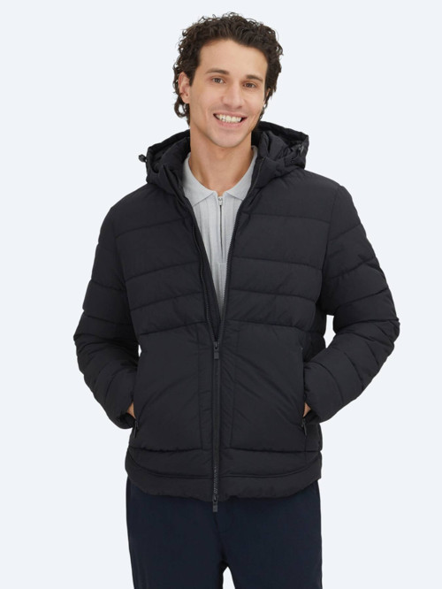 Siyah Regular Fit Kapüşonlu Casual Dokuma Mont