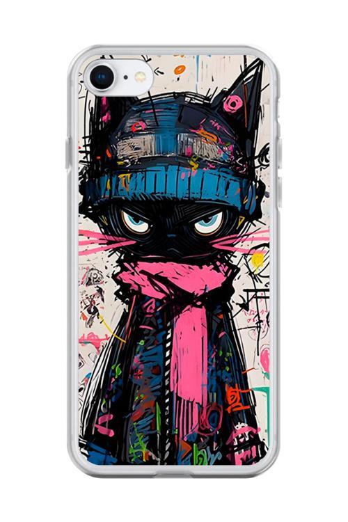 İphone 8 Uyumlu Şeffaf Kılıf Kedi Grafity Tasarımlı