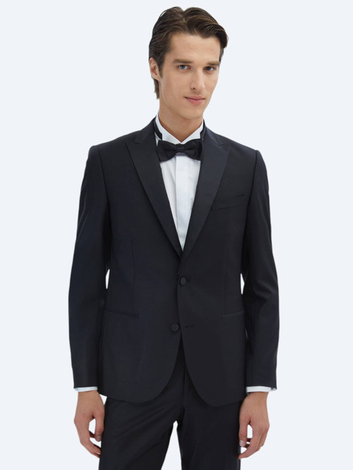 Siyah Düz Slim Fit Kruvaze Yaka Dokuma Smokin Takım Elbise