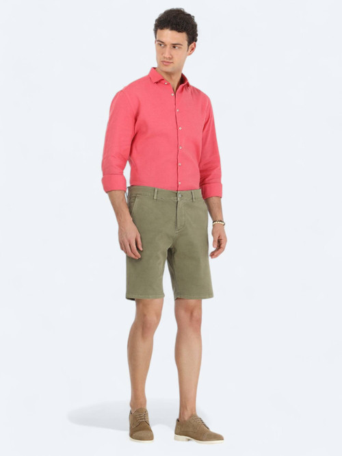 Haki Dokuma Slim Fit Casual Pamuk Karışımlı Bermuda