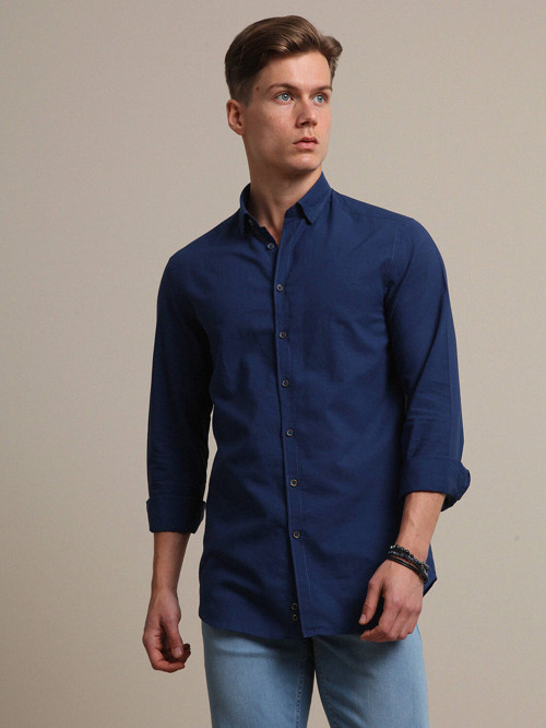 İndigo Düz Regular Fit Dokuma Casual %100 Pamuk Gömlek