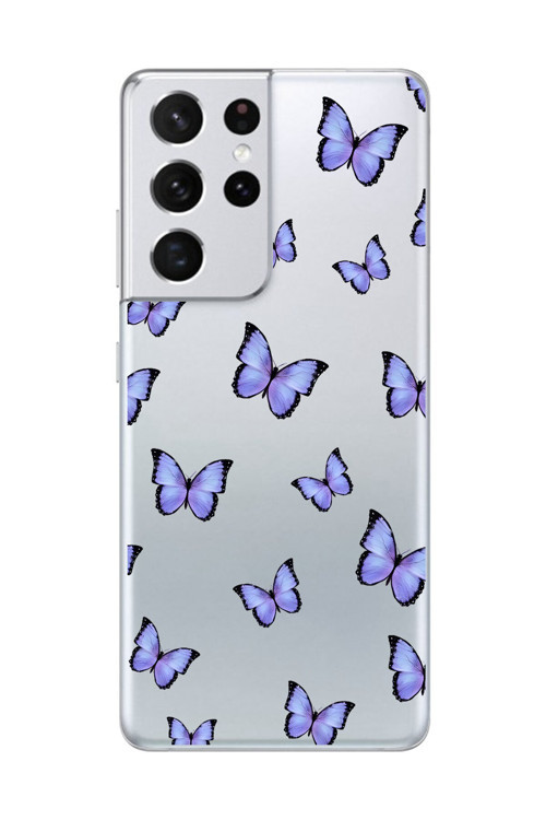 Galaxy S21 Ultra Uyumlu Şeffaf Kılıf Şeffaf Şeffaf Kelebek 3 Tasarımlı