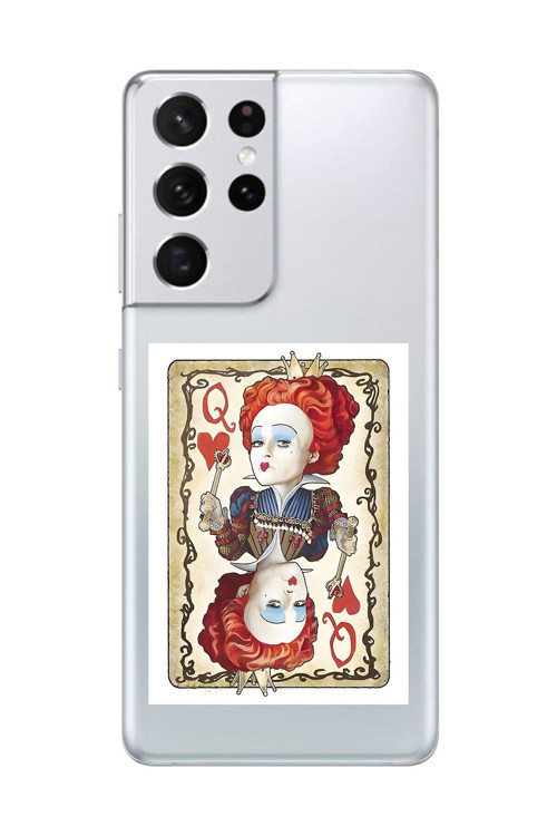 Galaxy S21 Ultra Uyumlu Şeffaf Kılıf Kartlar Queen 3 Tasarımlı