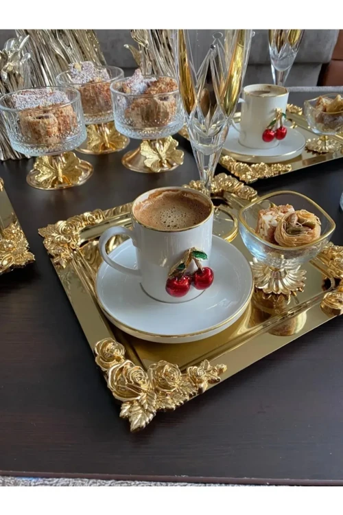 Komple Gold Detayli 18/10 Çelik Kahve Sunum Tepsisi 1 Adet