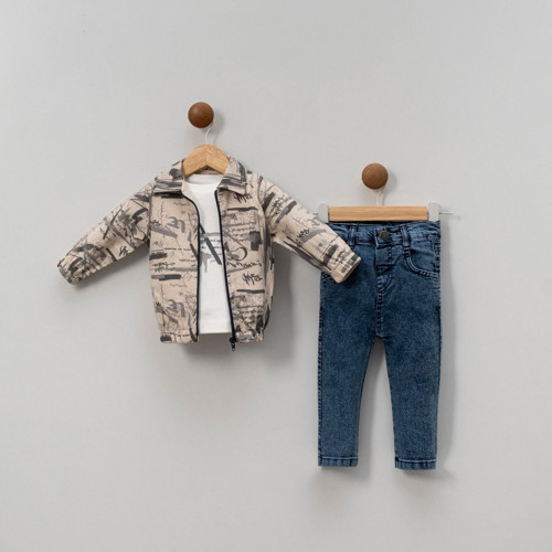 BASKILI CEKETLİ DENIM PANTOLONLU ÜÇLÜ ALT ÜST TAKIM - BBX-0999-Gri-18 Ay Gri