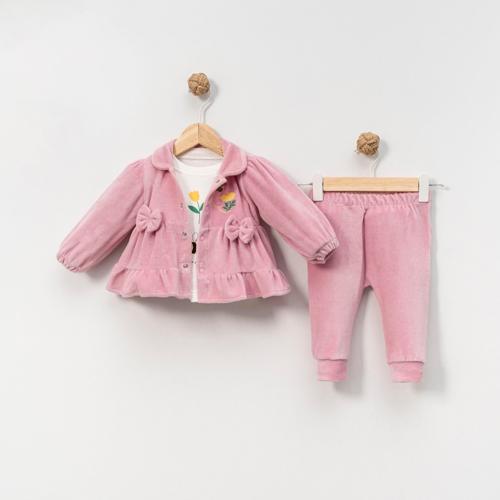 ARI NAKIŞLI FİYONKLU KADİFE ÜÇLÜ ALT ÜST TAKIM - KS-25013-Fuşya-9 Ay Fuşya