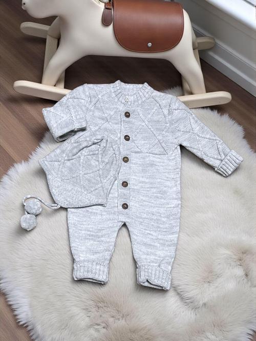 ŞAPKASI PONPONLU ROBA DETAYLI TRİKO TULUM - MLR2067-Gri-3 - 6 Ay Gri