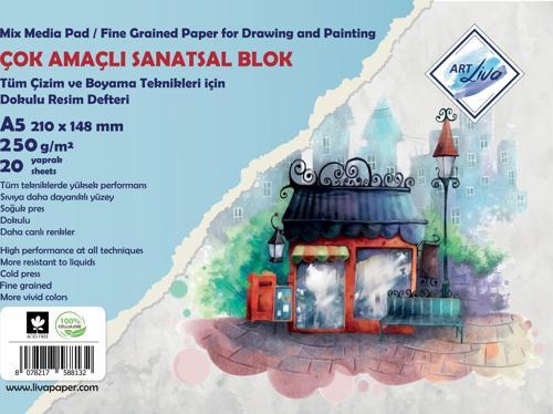 Sanatsal Resim Defteri Dokulu Sulu Teknik A5 250gr 20 Yp