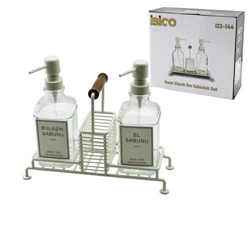 3 PCS METAL STANDLI - CAM SIVI SABUNLUK SETİ AHŞAP TUTMALI - SÜNGERLİK (5365)