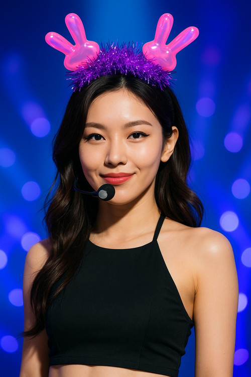 KPop Korean Style Yılbaşı Yeni Yıl Koyu Pembe Tavşan Kulaklı Mor Işıltılı Sahne Şarkıcı Taç Aksesuar