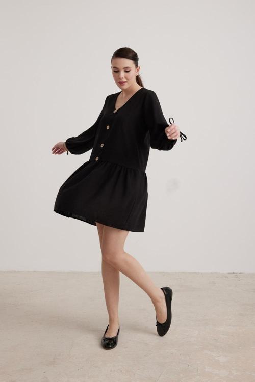 Kadın Kol Bağlama Detaylı Kadın Keten Siyah Elbise VVK72602