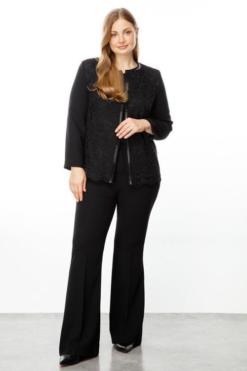 Kadın Büyük Beden Sıfır Yaka Dantelli Ön Patı Taşlı Kısa Ceket 5025 Siyah