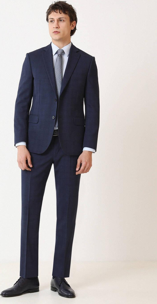 Lacivert Desenli Regular Fit Yün Karışımlı Takım Elbise