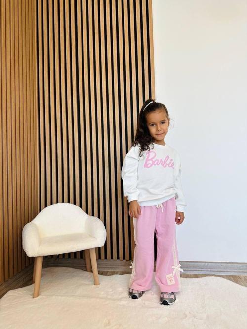 Cg Kids Barbie kabartma barbie yazı 3 iplik kumaş kız çocuk alt üst takım süper kalite sırt baskı ve eşofman detay