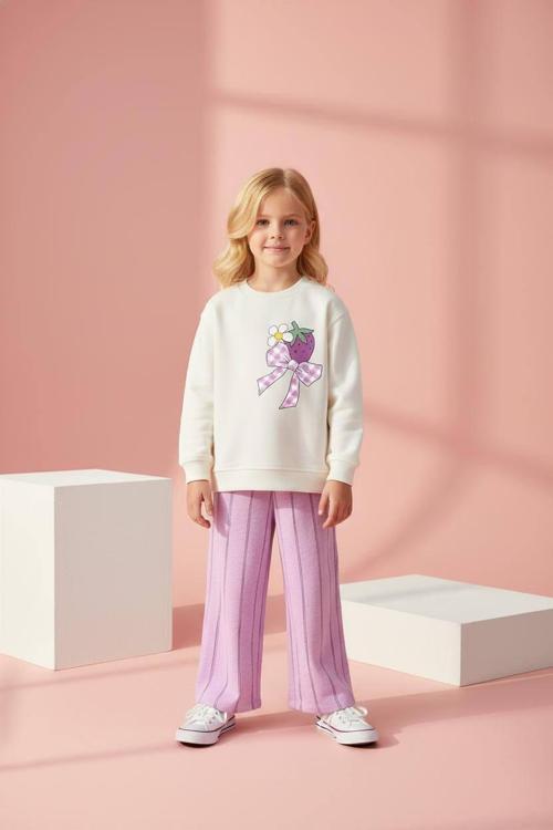 Cg Kids Mor Eşofman Detaylı Çilek baskı temalı Kız Çocuk 3 iplik Alt Üst Takım Süper Kalite Kumaş