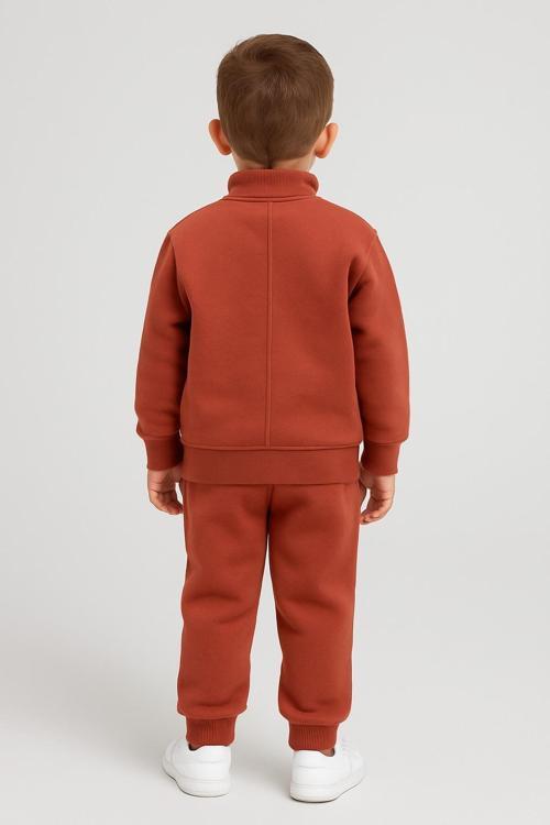 Cg Kids Tatlı kiremit rengi içi pamuklu 3 ip şardonlu dik yaka yarım fermuar ön kanguru dikişli cep erkek çocuk alt üst takım