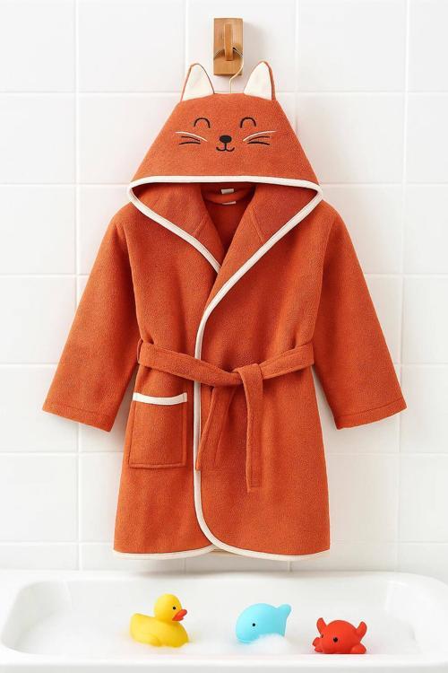 Kapşonlu Hayvan Desenli Çocuk Banyo Deniz Plaj Bornozu %100 Pamuklu