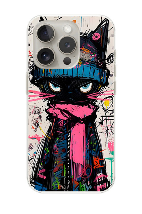 İphone 14 Pro Max Uyumlu Şeffaf Kılıf Kedi Grafity Tasarımlı