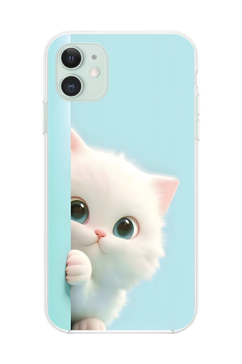 İphone 11 Uyumlu Şeffaf Kılıf 2 Peluş Kedi Tasarımlı