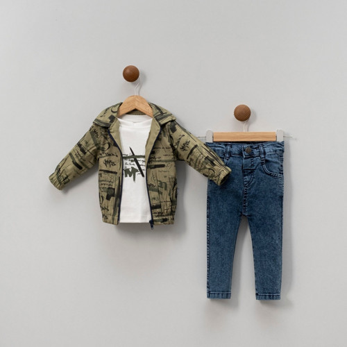 BASKILI CEKETLİ DENIM PANTOLONLU ÜÇLÜ ALT ÜST TAKIM - BBX-0999-Haki-18 Ay Haki