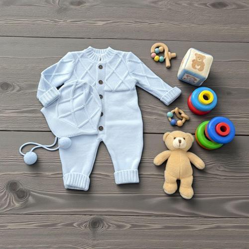 ŞAPKASI PONPONLU ROBA DETAYLI TRİKO TULUM - MLR2067-Mavi-3 - 6 Ay Mavi