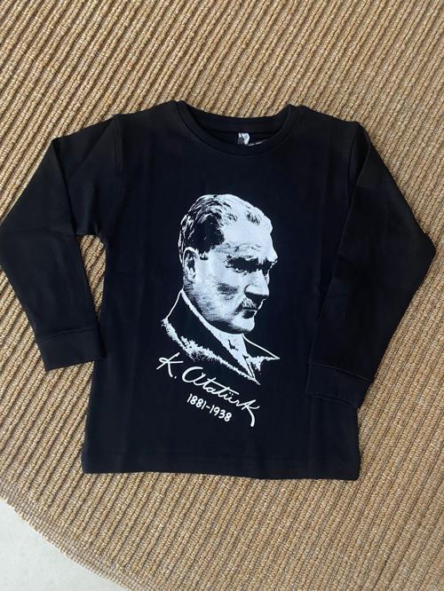 Çocuk Uzun Kollu Siyah Tişört – Atatürk Baskılı Model