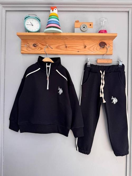 Şardonlu Siyah Slim Fit Çocuk Takımı – Yarım Fermuarlı Sweatshirt & Jogger Alt