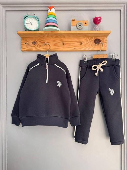 Şardonlu Antrasit Slim Fit Çocuk Takımı – Yarım Fermuarlı Sweatshirt & Jogger Alt