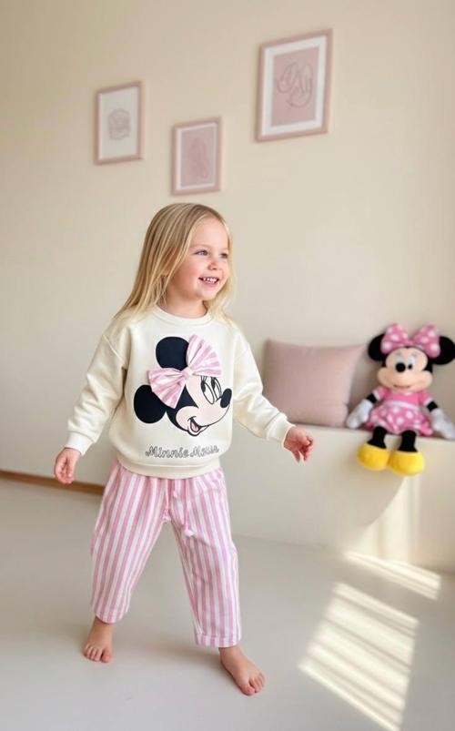 Minnie Mouse Baskılı Kurdele Detaylı Çocuk Takımı – Sweatshirt & Denim Alt