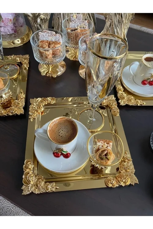 Komple Gold Detaylı 18/10 Çelik Kahve Sunum Tepsisi 6 Adet