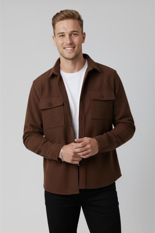 Kiremit Cepli Likralı Kadife Kumaş Rahat Kesim Erkek Gömlek – Yumuşak Dokulu, Şık Tasarım Gömlek 2600759