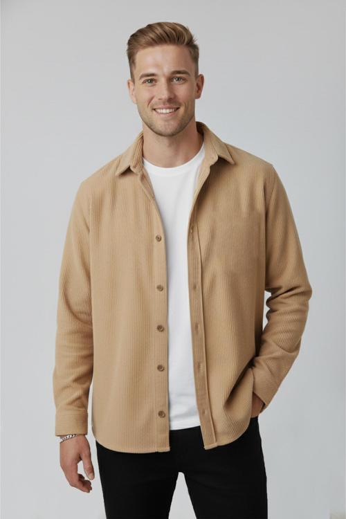 Erkek Camel Kadife Fitilli Rahat Kesim Gömlek Yumuşak Dokulu Likralı Kadife Gömlek 2600758