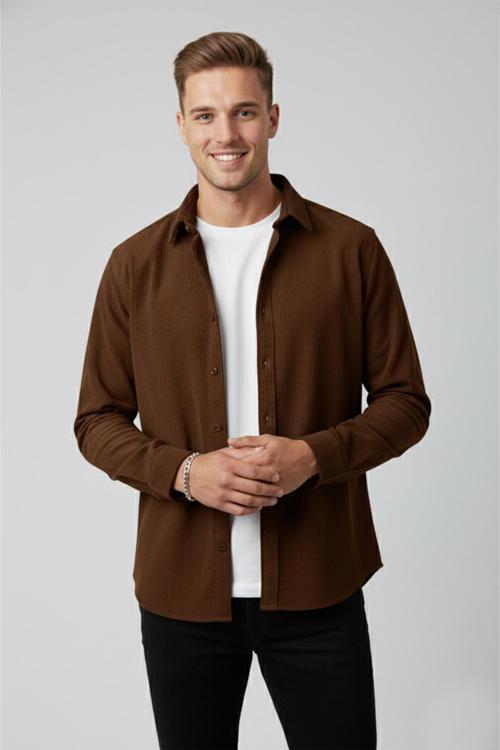 Erkek Kiremit Kadife Fitilli Rahat Kesim Gömlek Yumuşak Dokulu Likralı Kadife Gömlek 2600758