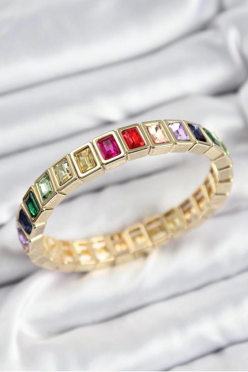 BFS Pirinç Karışık Zirkon Taşlı Dikdörtgen Model Gold Renk Lastikli Kadın Bileklik