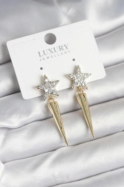 BFS Pirinç Gold Renk Zirkon Taşlı Yıldız Model Çivi Kadın Küpe