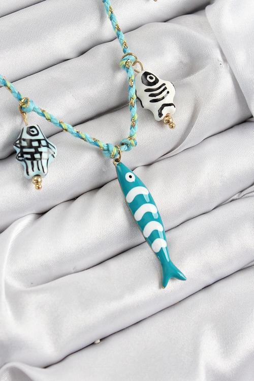 BFS Seramik Motifli Balık Figürlü Model Mavi İp Kadın Kolye