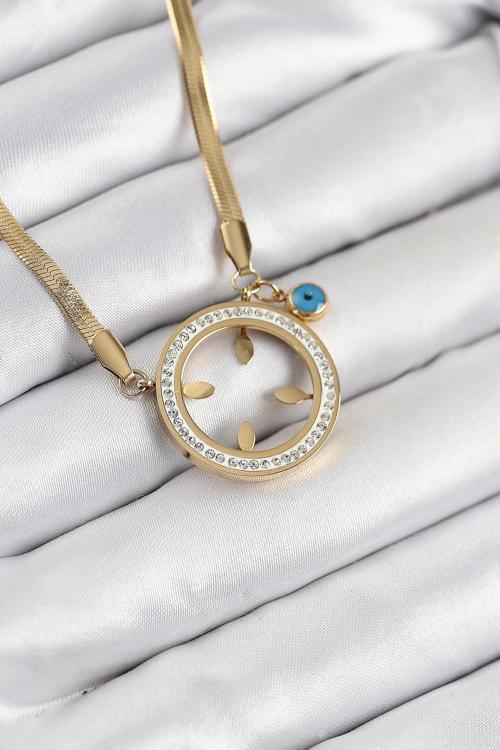 BFS 316L Çelik Zirkon Taşlı Çeyrek Takılabilir Gold Renk Kadın Kolye