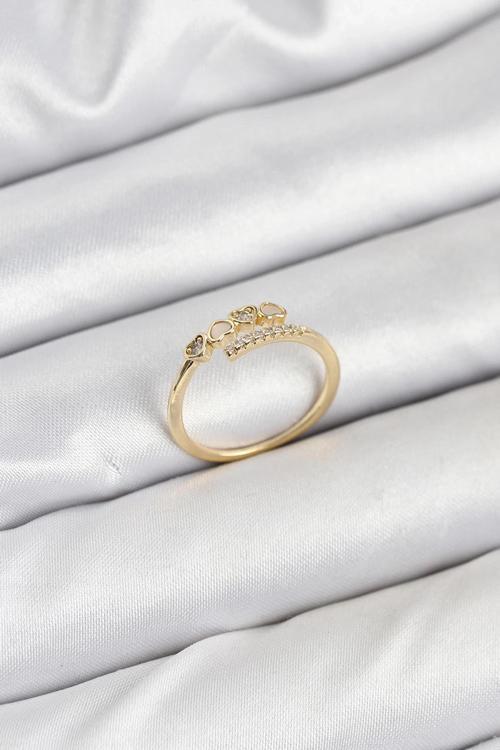 BFS Pirinç Gold Renk Kalpli Detaylı Zirkon Taşlı Kadın Yüzük